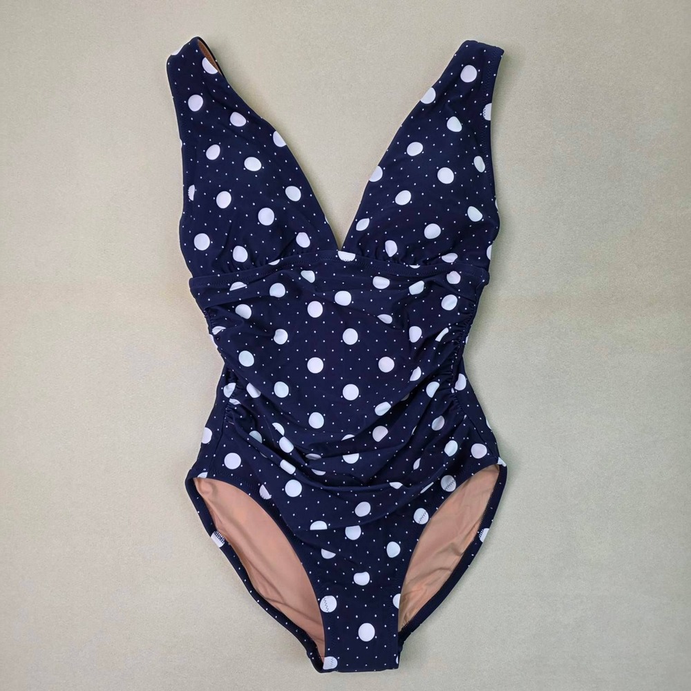 J. Crew One-Piece Swimsuit Size Small Polka Dot Ruched V-Neck Navy White NWT